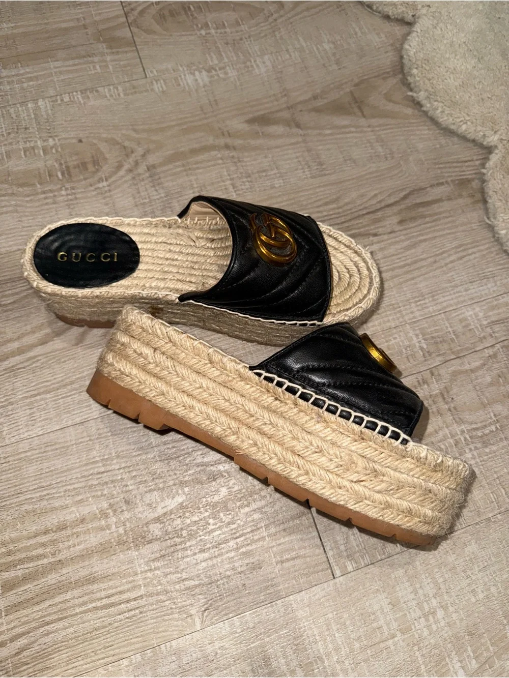 Gucci Black Leather GG Espadrille Slide Sandals with Gold Hardware